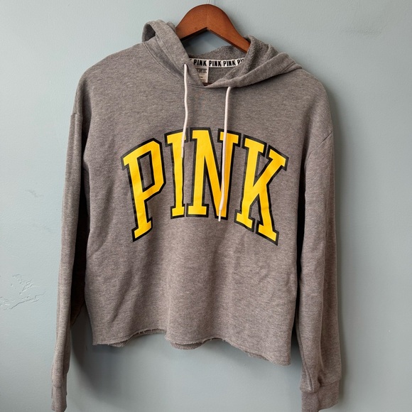 PINK Victoria’s Secret Gray and Yellow Raw Hem Hoodie Sweatshirt. Medium - Picture 11 of 11
